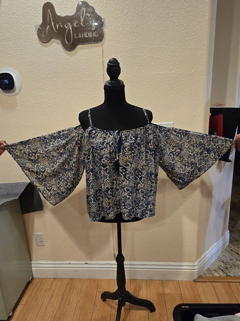 Off-Shoulder Blue Floral Peasant Top